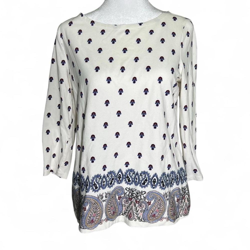 Talbots White Cotton Boho Blouse 3/4 Sleeve Petite Small